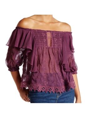 Free People Spirit in the Sky purple smocked ruched of the shoulder embroidery